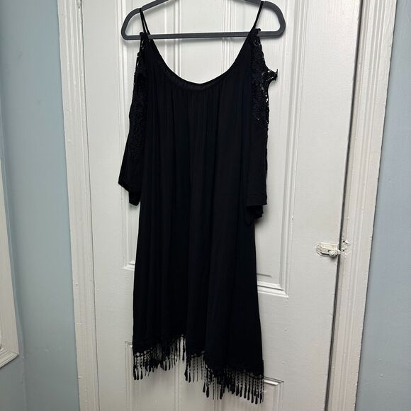 Black Mini Dress Womens XL Cold Shoulder Crochet Fringe Whimsigoth Witchy Rayon - Picture 1 of 9
